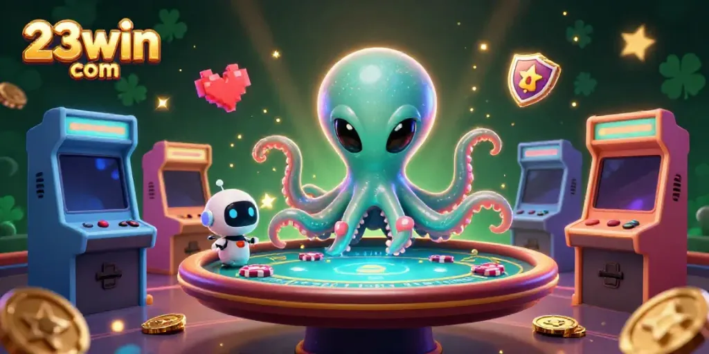 Experience the excitement of 23win com with an alien octopus at a holographic poker table surrounded by arcade-themed elements.