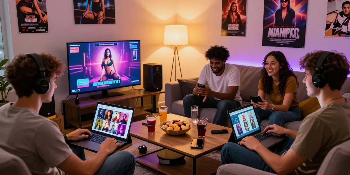 Group of friends enjoying a porn game in a cozy living room, showcasing diverse interactive adult gaming.