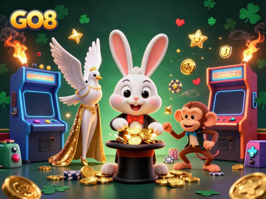 Engaging GO8 casino scene featuring a magician rabbit and a monkey with poker chips, surrounded by arcade elements.