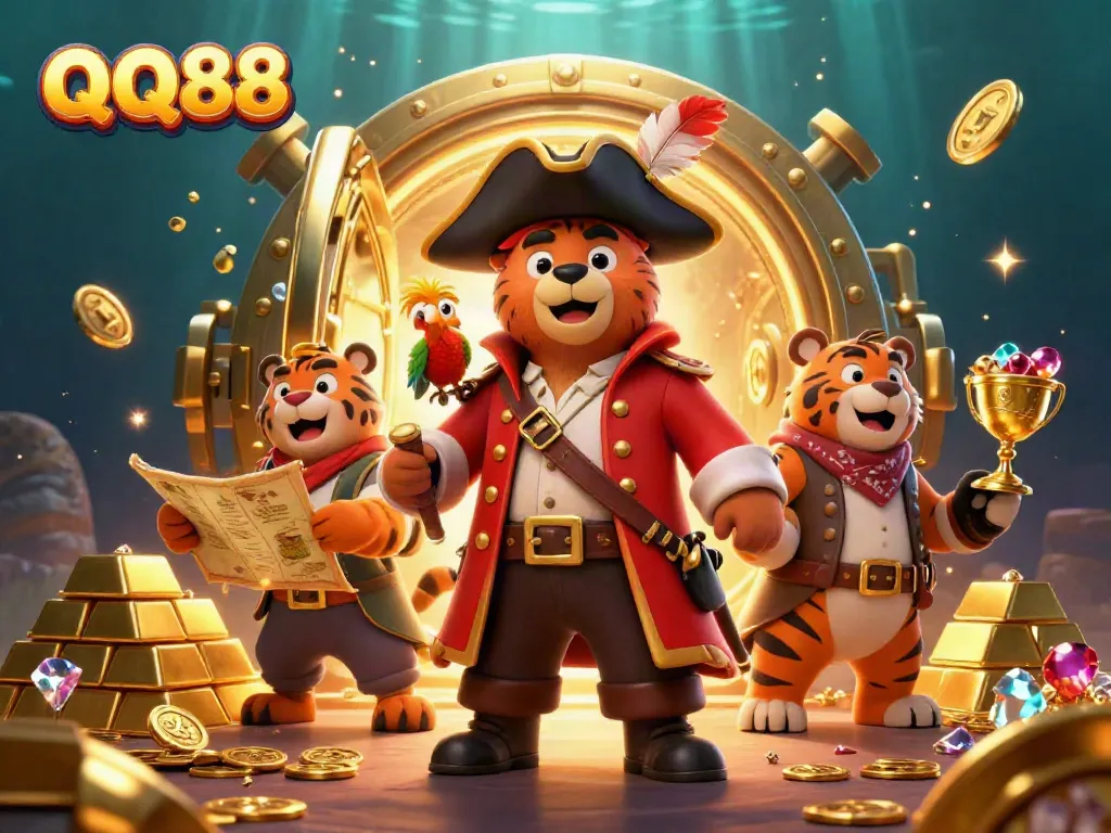 Experience the thrill of QQ88 with a captivating pirate adventure illustration filled with treasure and excitement.