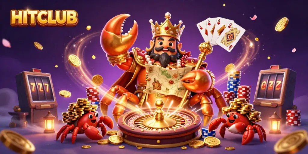 Engage in thrilling experiences at HITCLUB with a vibrant 3D casino scene featuring golden treasures.