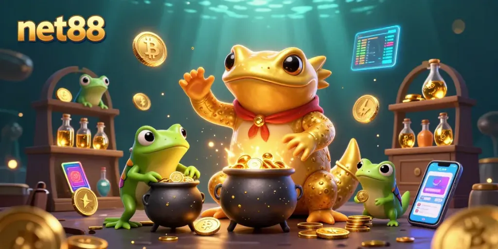 Engage with net88's thrilling gaming experience through this vibrant 3D illustration featuring magical gambling elements.