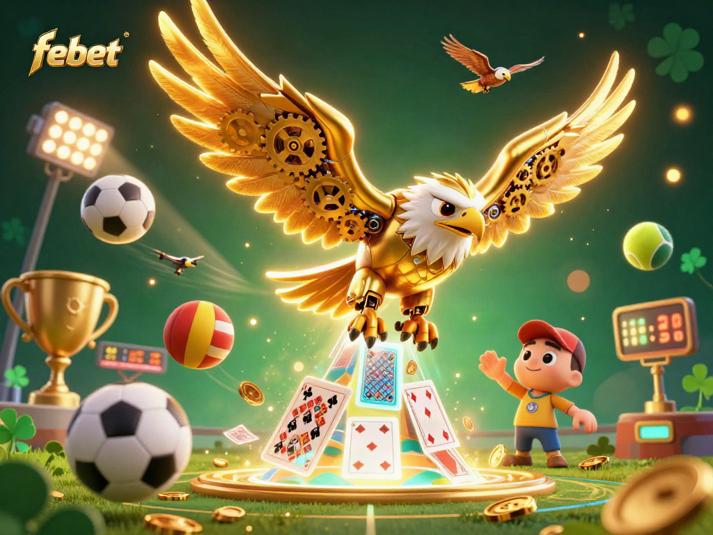 Bet on febet with a dynamic illustration featuring cybernetic eagles amidst sports elements.