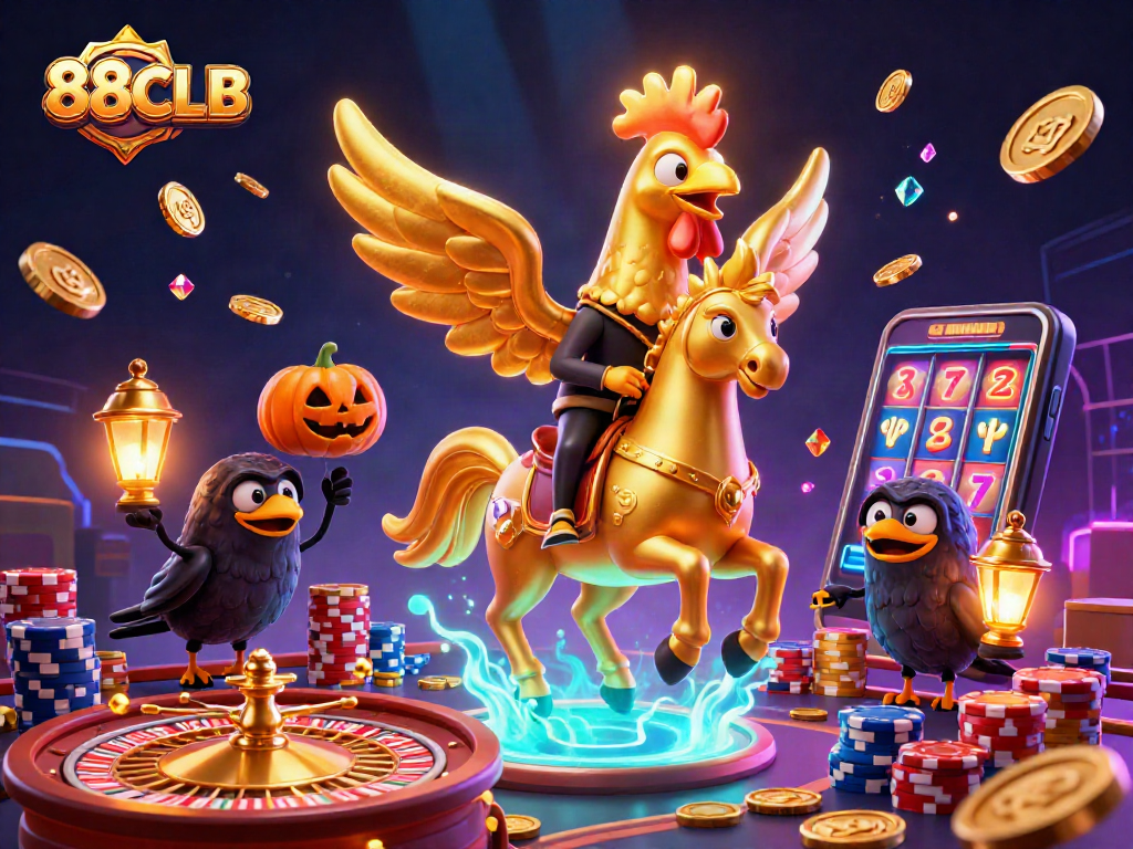 Experience the vibrant and thrilling atmosphere of 88CLB as a golden rooster amidst exciting casino elements.