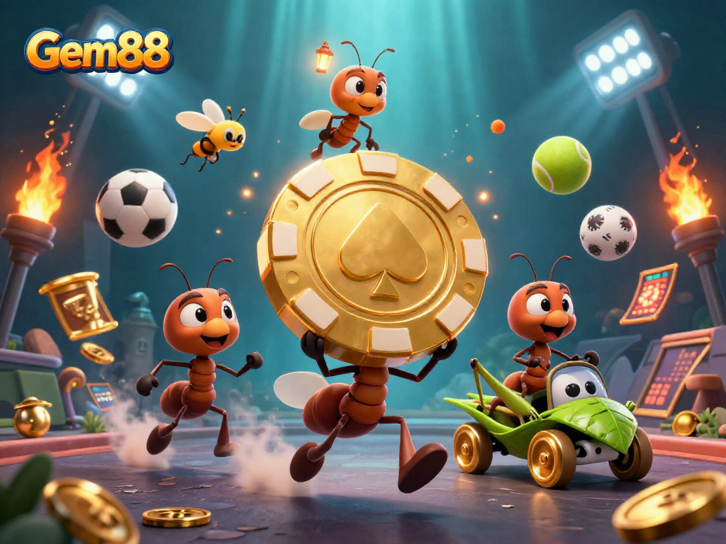 Gem88 offers a vibrant illustration of ants celebrating a mega poker chip heist amidst dynamic sports elements.