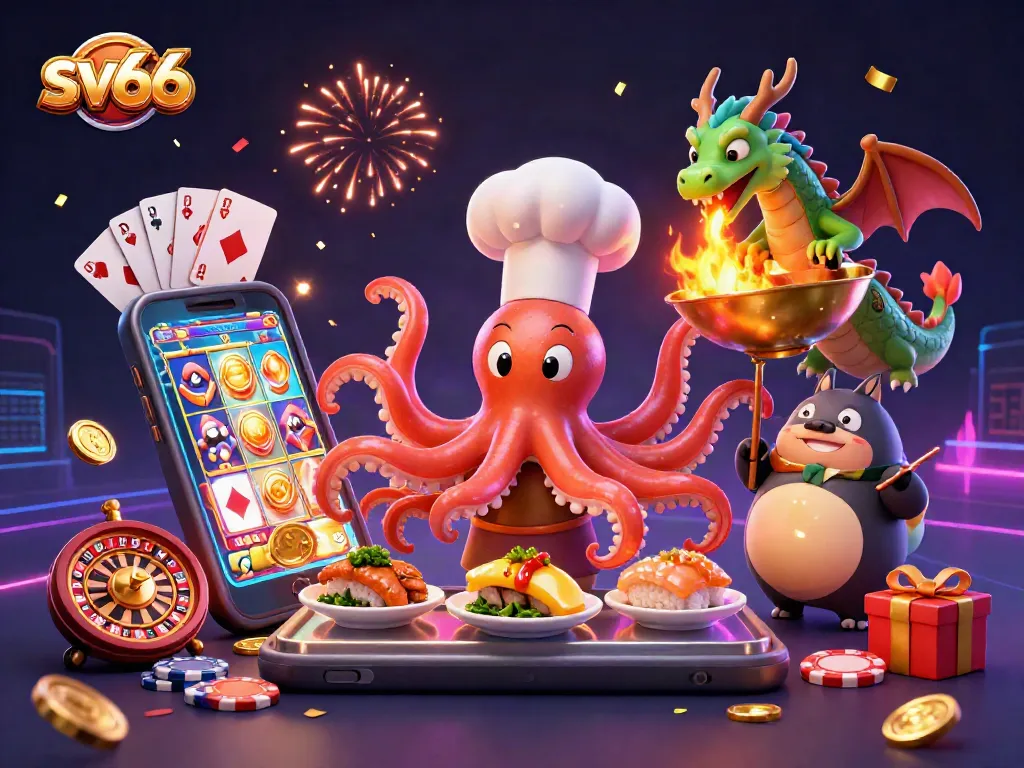 Spin to win at sv66 as vibrant characters cook up golden dishes in a dazzling casino scene!