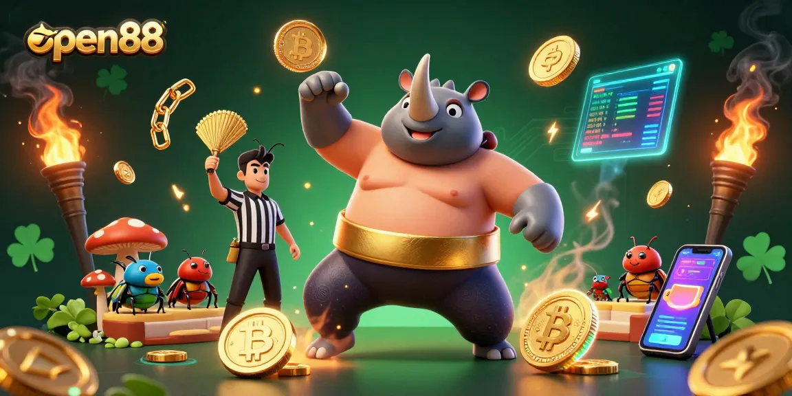 Experience exciting gaming dynamics at open88 with a colorful, enriched scene featuring a sumo beetle champion and crypto elements.