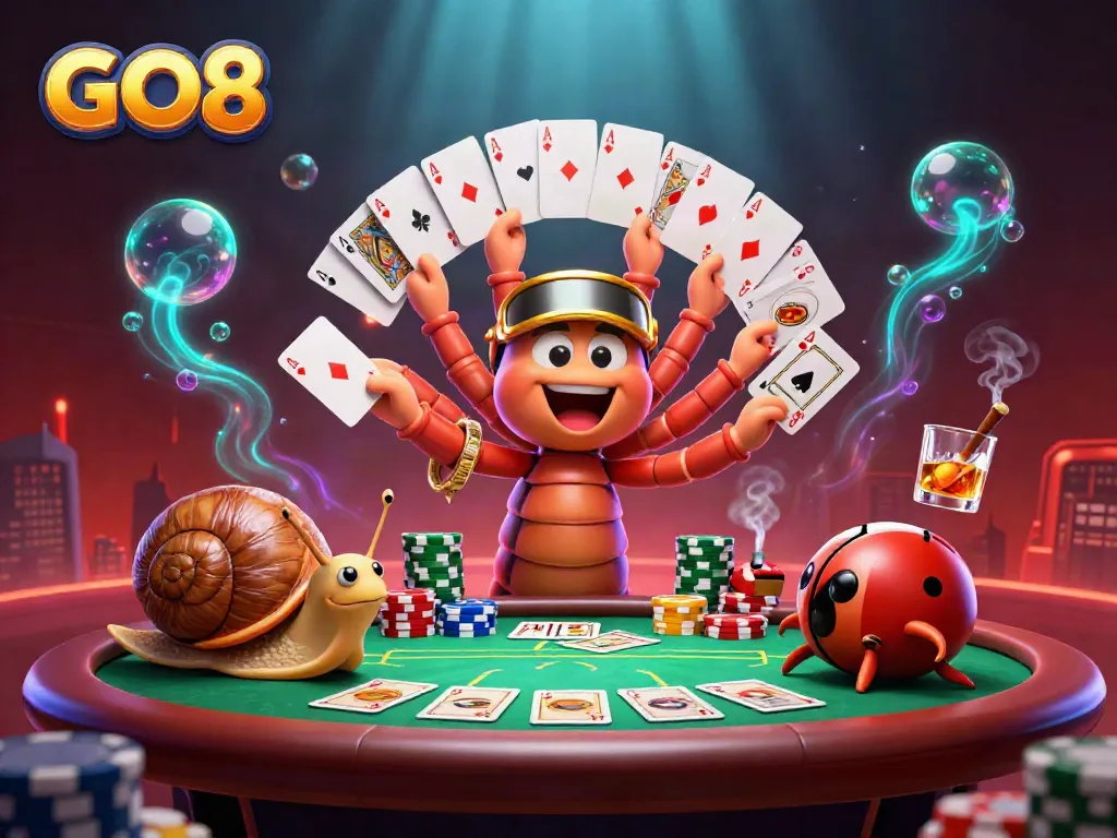Watch GO8 come alive as giant poker chips and playing cards surround a cartoon millipede dealer.