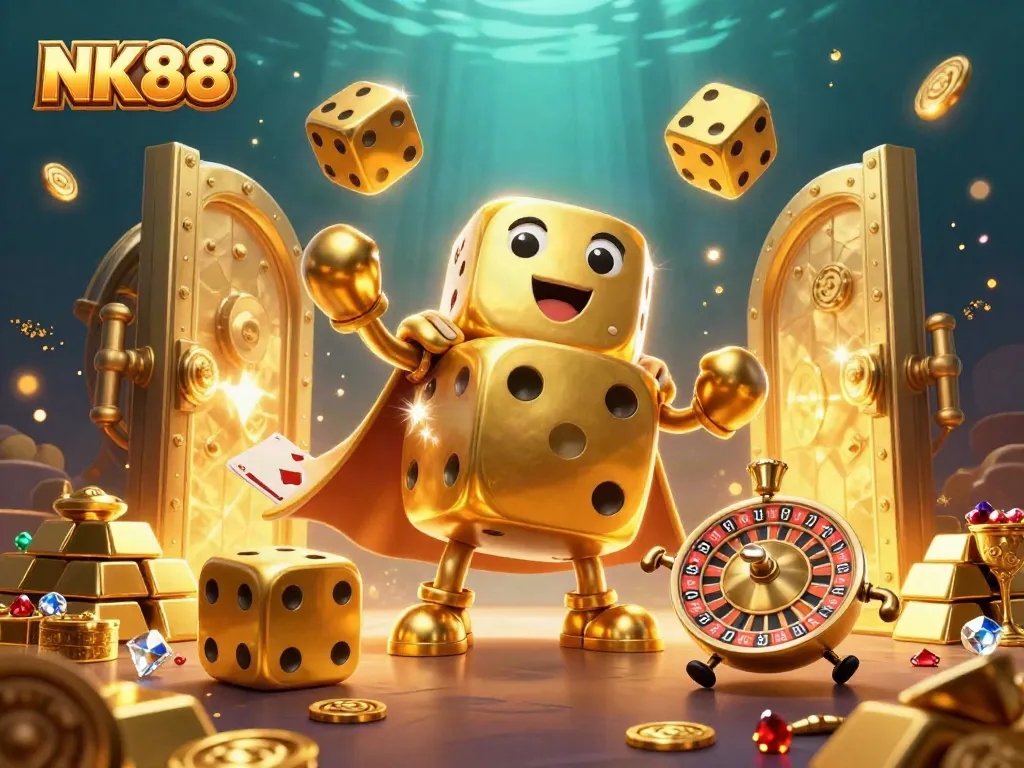 Experience thrilling moments with NK88 in this vibrant casino illustration featuring golden dice and treasures.
