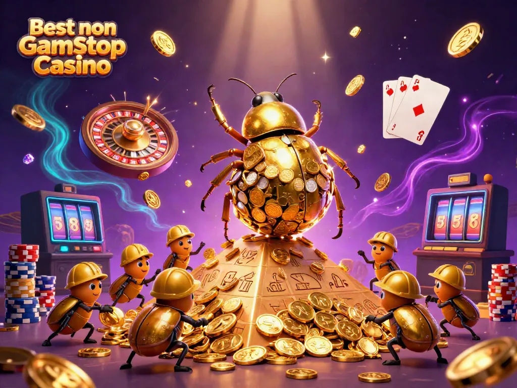 Engage with the Best non Gamstop Casino illustration featuring a golden dung beetle and casino elements.