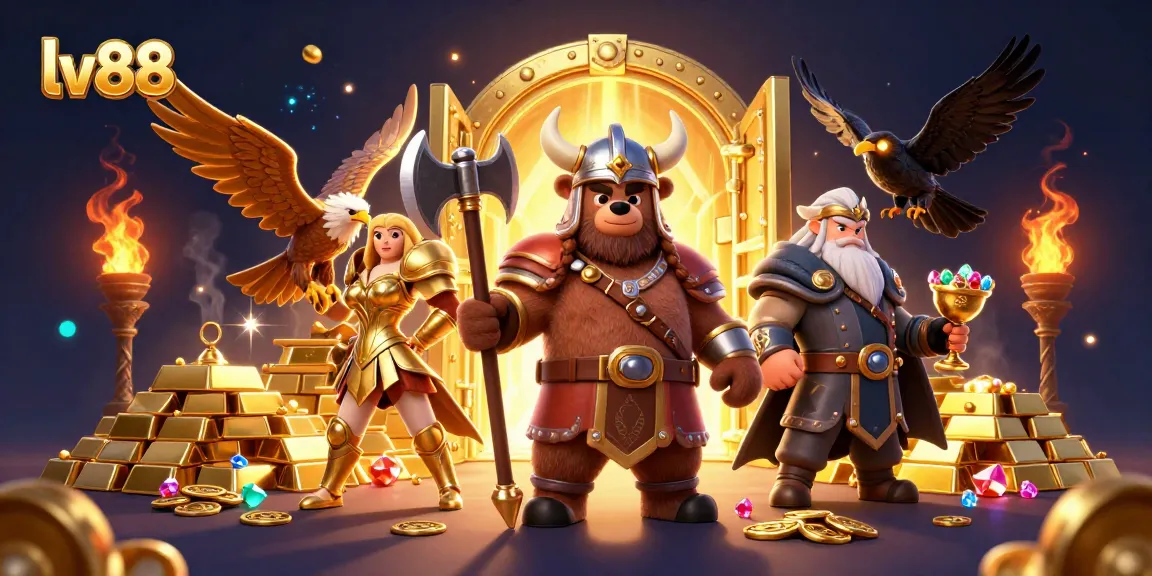 Engage with lv88's gaming adventure in this vibrant 3D illustration showcasing formidable characters and treasures.