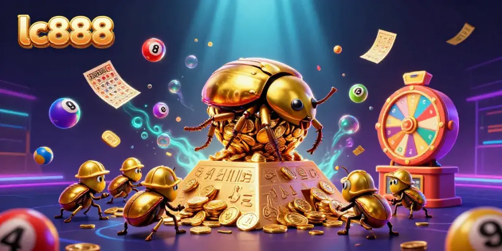 Join the excitement at lc888 with a dynamic 3D casino scene featuring golden beetles and vibrant gaming elements.