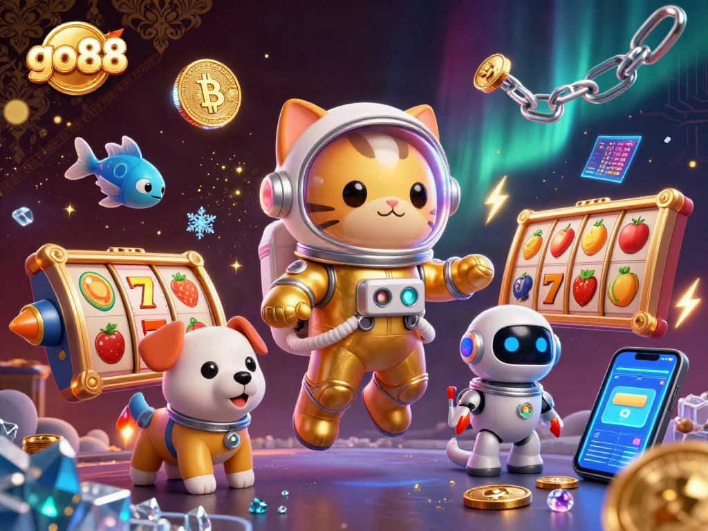Experience the thrilling go88 gaming adventure with a golden astronaut cat and festive slot symbols.