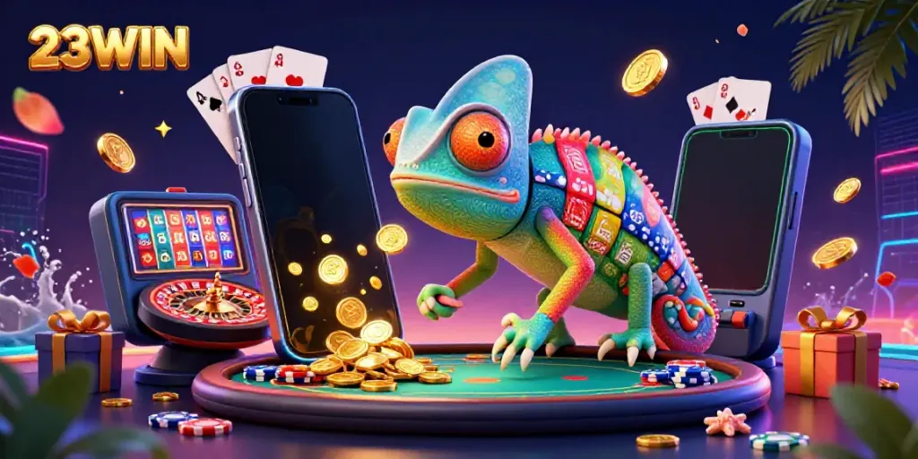 Experience thrilling gameplay with 23WIN as a chameleon casino owner entertains in vibrant casino scene.