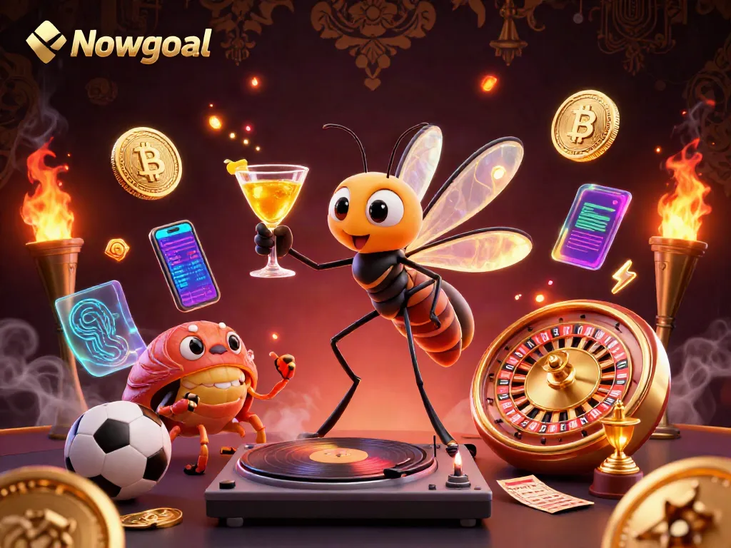 Nowgoal makes betting exciting with a lively 3D illustration featuring a mosquito casino mascot and vibrant gambling elements.