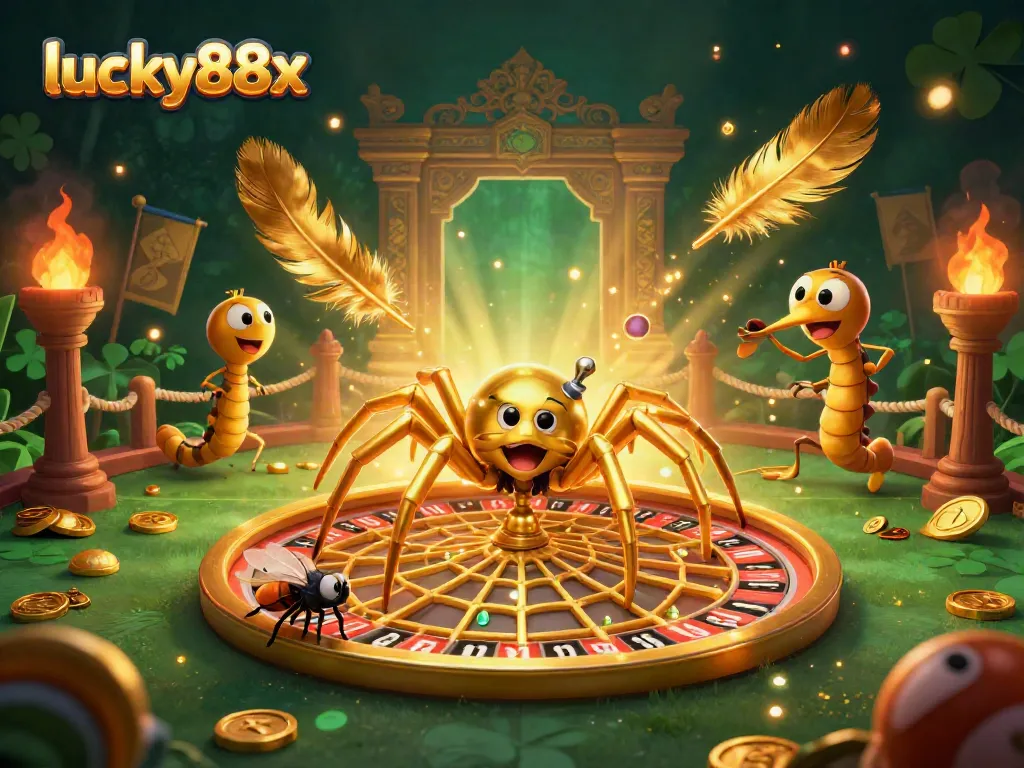 Watch a daring fly place bets at lucky88x's roulette wheel web created by a golden spider.