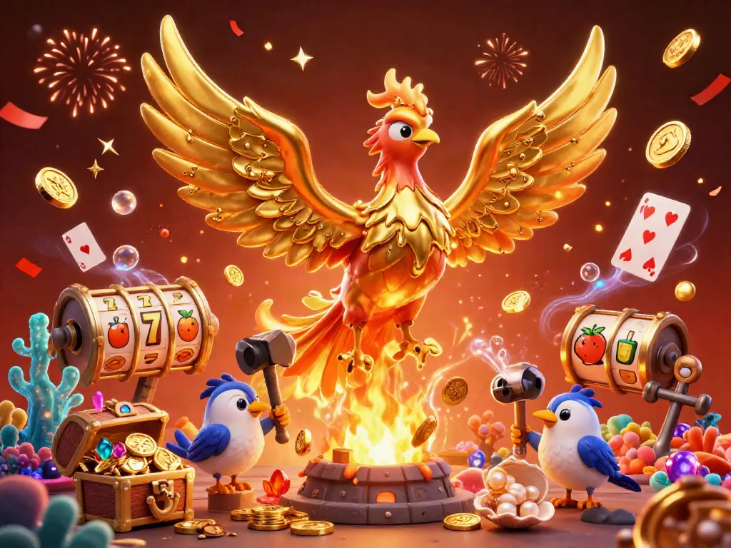Experience thrilling toto gaming with a golden phoenix and vibrant slot symbols in a dynamic scene.
