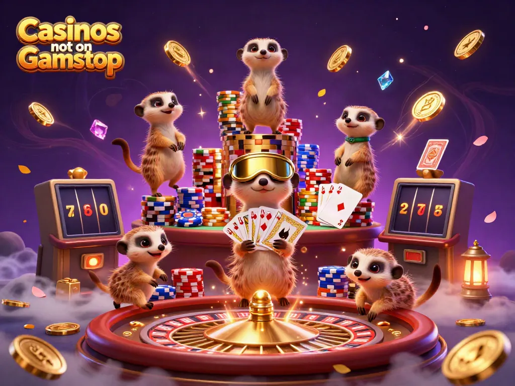 Engaging scene showcasing meerkats running a lively casino operation, illustrating Casinos not on Gamstop.