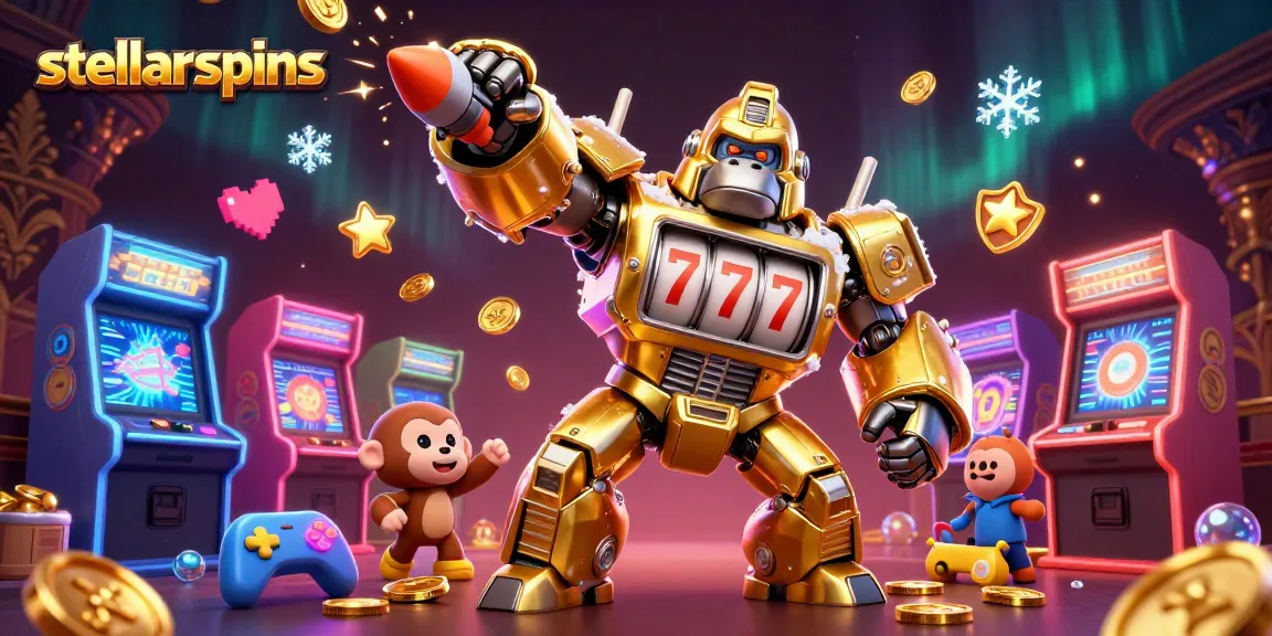 Engage in stellarspins with a dynamic 3D cartoon scene showcasing the golden gorilla mech and casino elements.