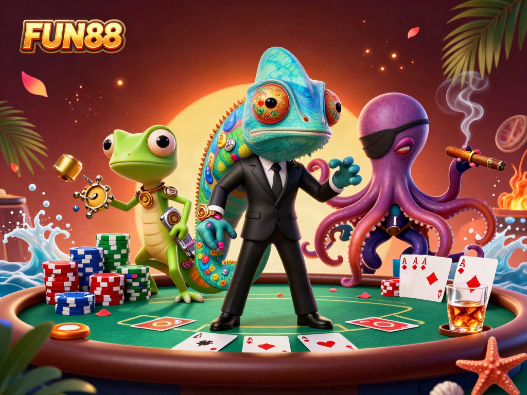 Experience FUN88 with vibrant poker action and engaging characters in a dynamic casino scene.