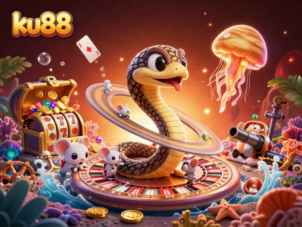 Engage with ku88's thrilling slot experience featuring unique games and bets amidst vibrant underwater scenery.
