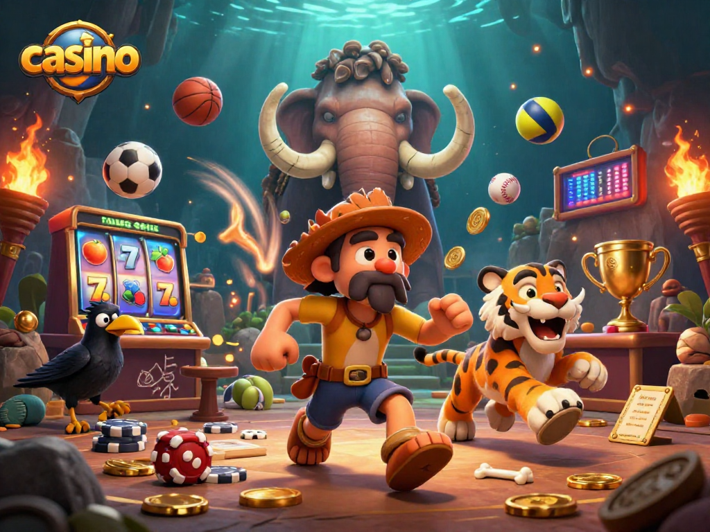 Experience thrilling casino action with cavemen and sabertooth tiger in a vibrant casino scene.