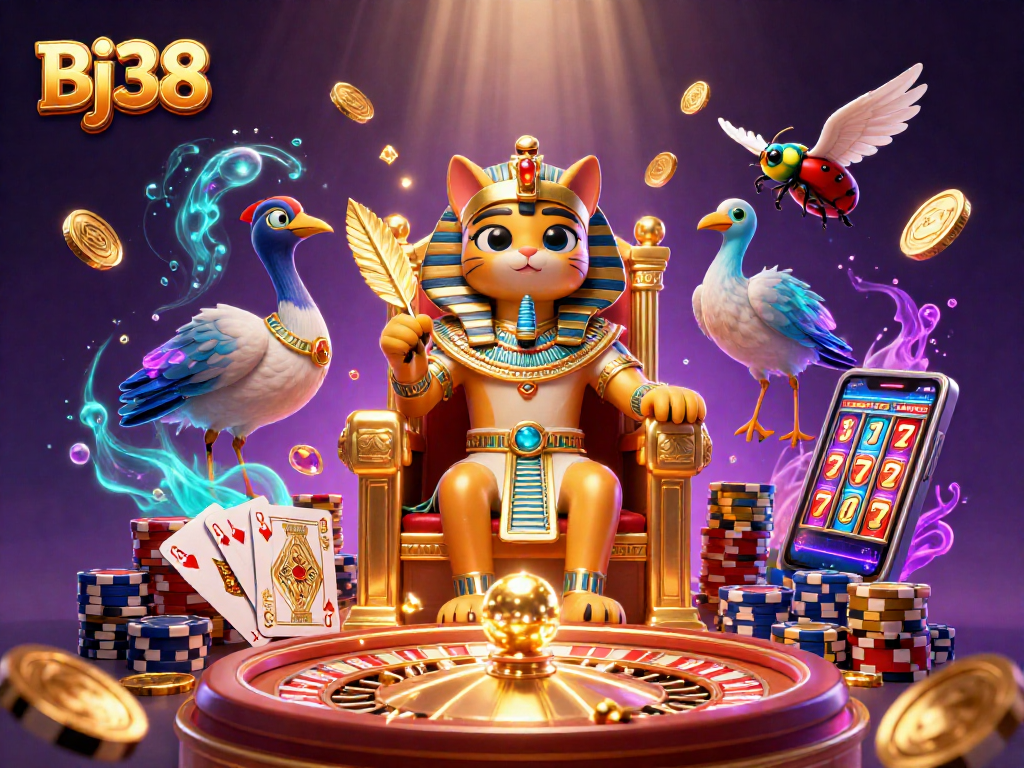 Experience rich gaming action at Bj38 with a vibrant illustration of a pharaoh cat amidst dynamic casino elements.