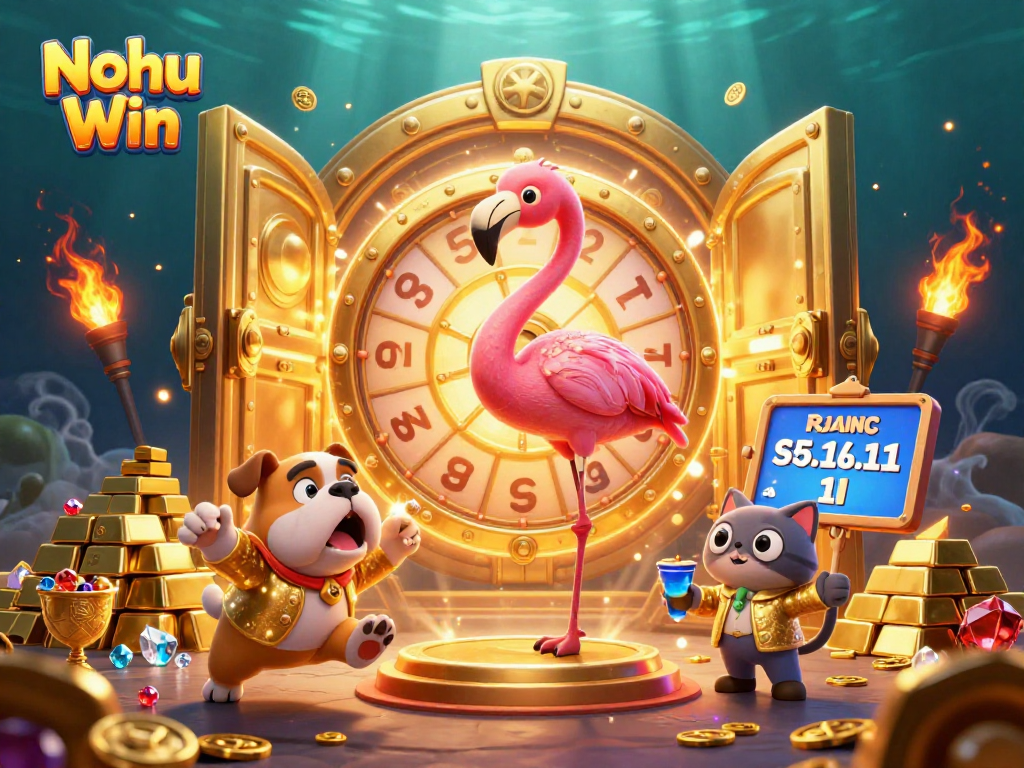 Nohu Win offers a thrilling experience as a cartoon buldog celebrates jackpot wins with a flamingo host in a vibrant casino.