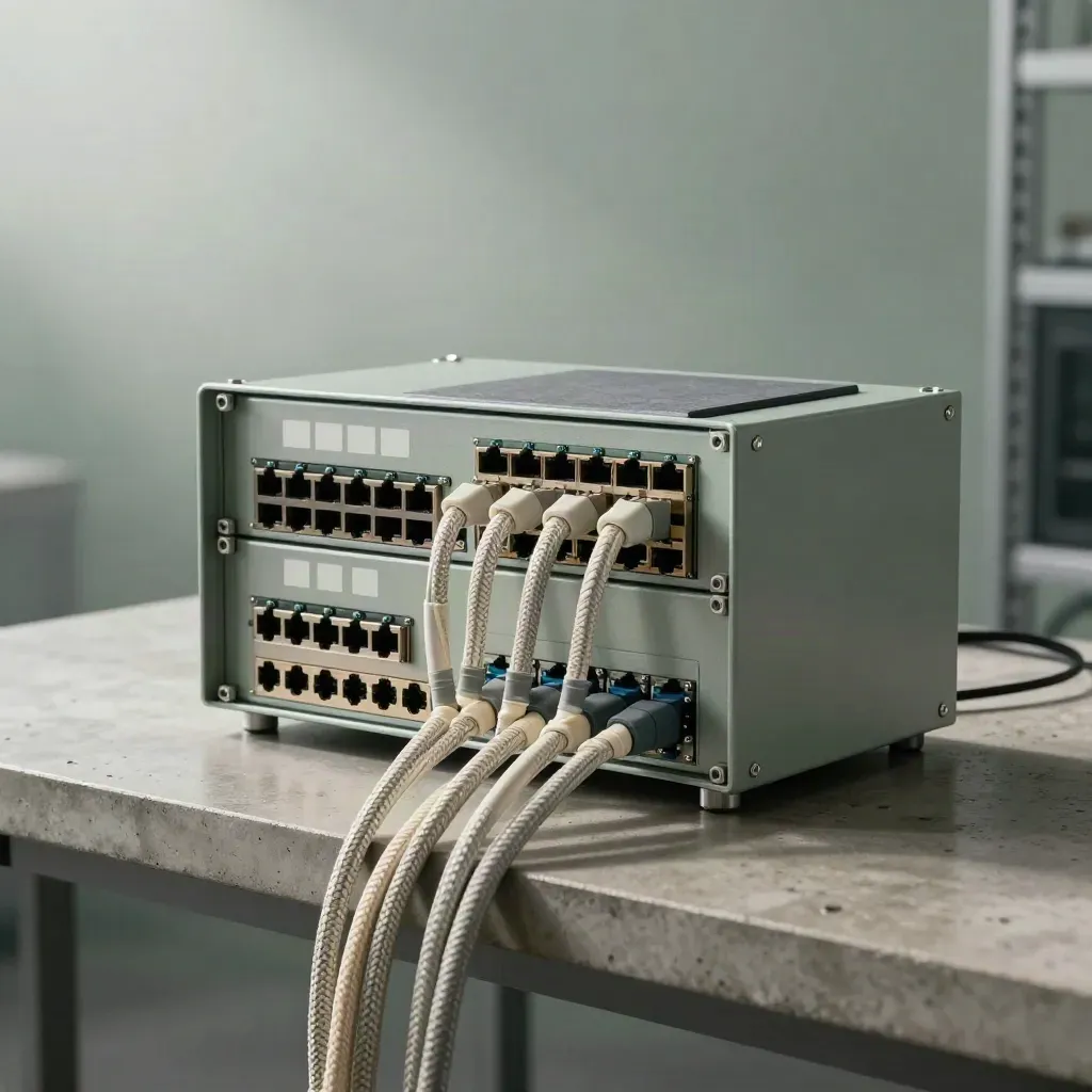Rack unit, braided cables and blank patch modules in a misty integration bay at dawn.