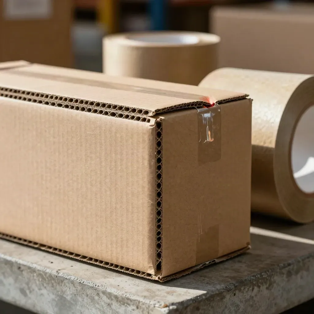 Macro of warehouse carton corners, kraft tape rolls and foam inserts in warm dispatch light