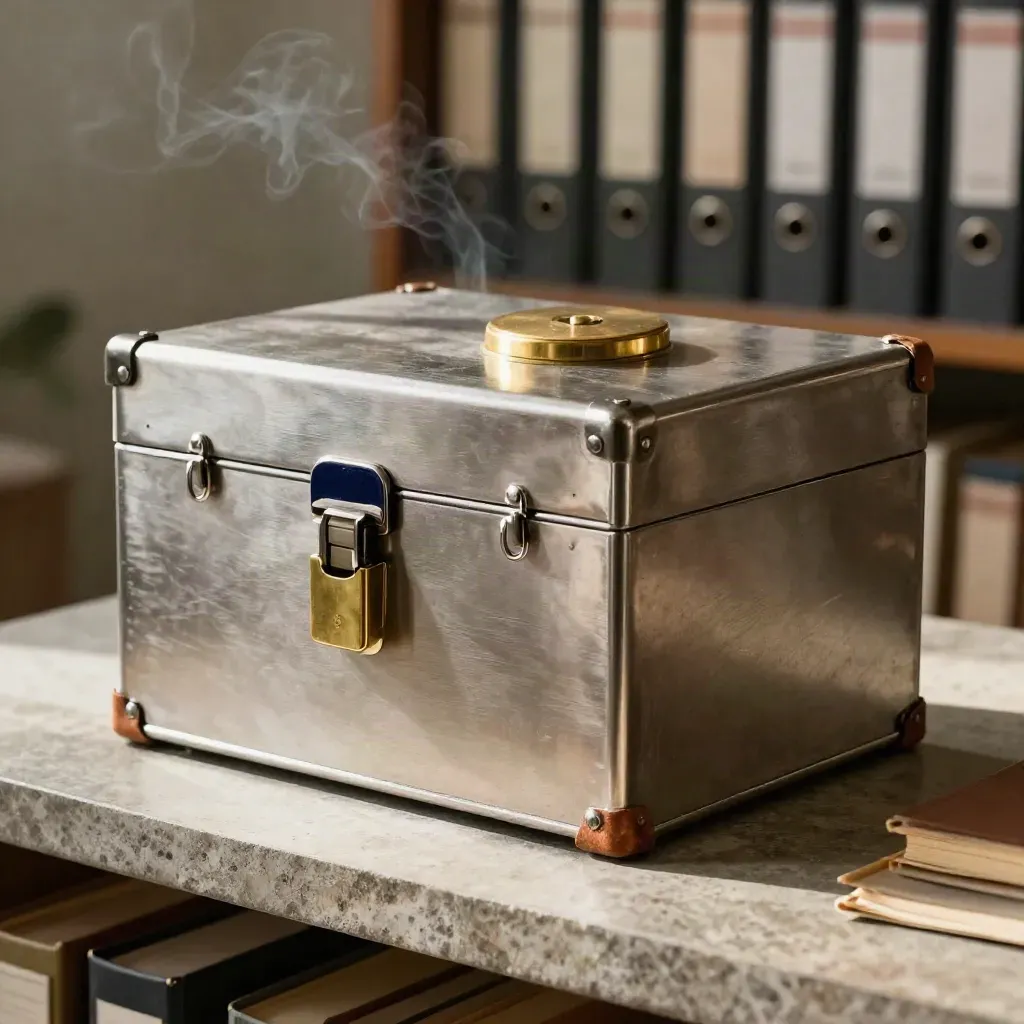Ledger lockbox, brass seal and clipped file rings on a smoky archive shelf.