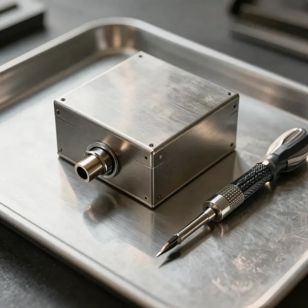 Top-down prototype enclosure, braided cable and screwdriver on a cool metal surface.