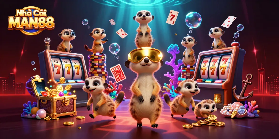 Engage with Nhà Cái MAN88's vibrant gaming world featuring meerkats in a dynamic casino scene.