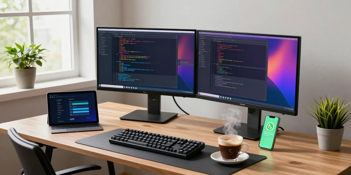 Developer's workspace showcasing WhatsApp下載 notifications amidst coding, dual monitors, and vibrant creative atmosphere.