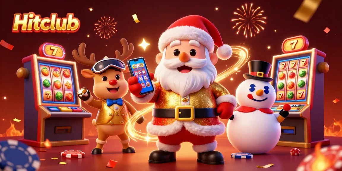 Engage with Hitclub's thrilling slots, featuring Santa and friends in a vibrant casino scene.