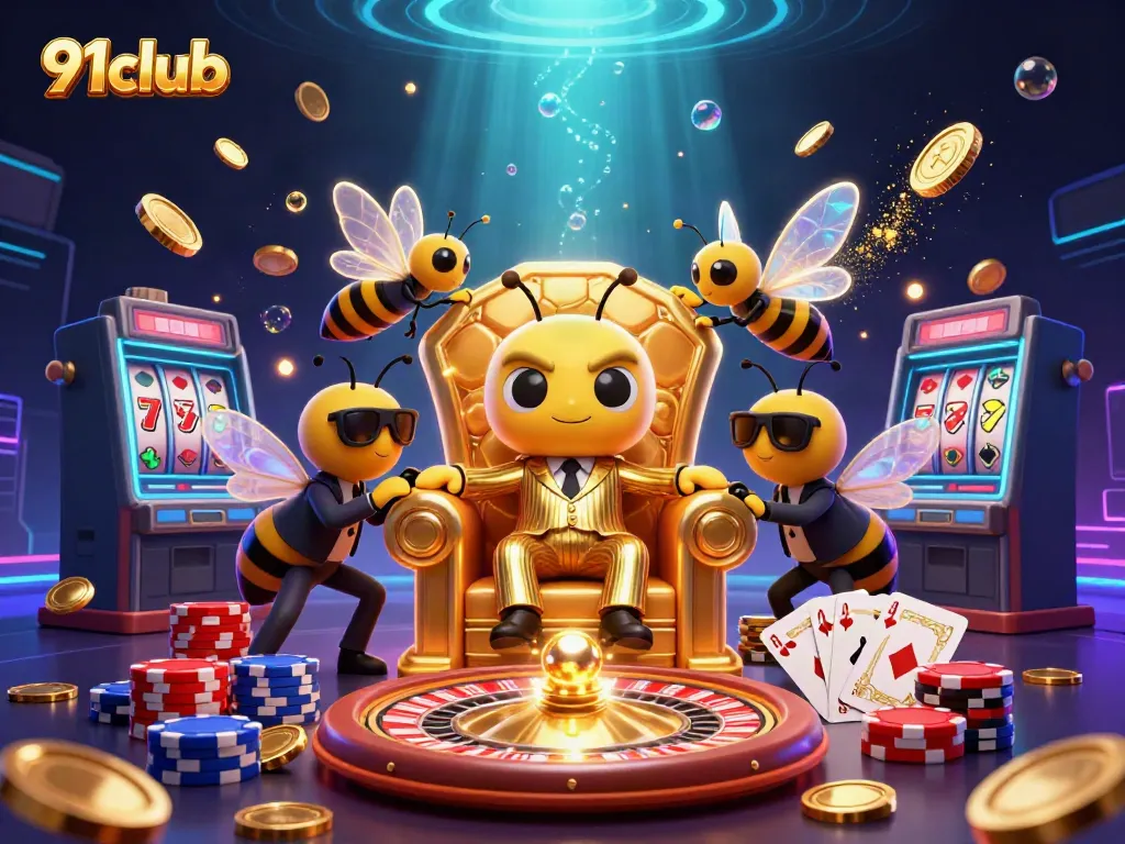 Engage in thrilling gameplay with 91club featuring a dynamic 3D scene of a bumblebee mob boss among casino elements.