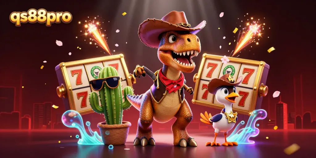 Spin the reels at qs88pro with a vibrant T-Rex cowboy and casino-themed excitement!