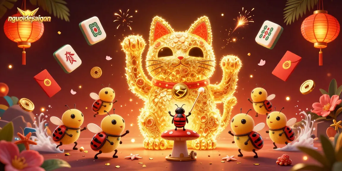 Play exciting games with nguoidepsaigon's vibrant casino-themed 3D artwork featuring lucky cat, fireflies, and more.