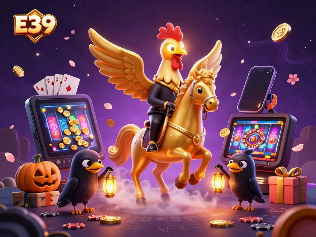 Experience high-stakes gaming with E39, featuring a golden rooster in a mystical casino.