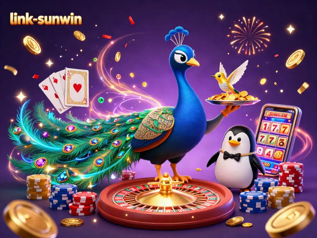 Experience the thrill of gaming at link-sunwin as colorful characters celebrate with casino treasures.