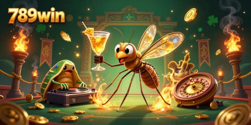 Experience 789win excitement with a vibrant 3D casino illustration showcasing gaming elements and lively characters.