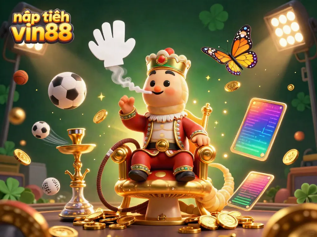 Engage in nạp tiền vin88 with vibrant casino visuals featuring a caterpillar sultan, betting slips, and sports elements.