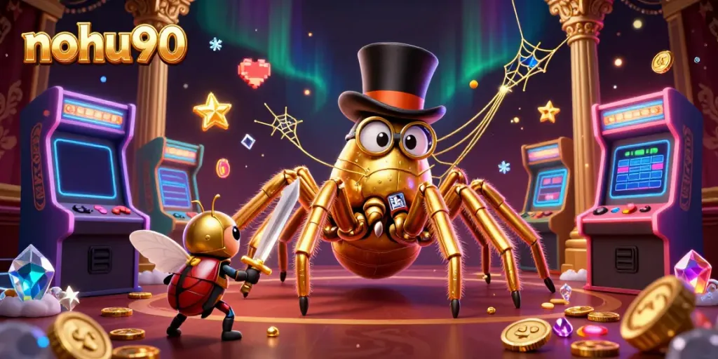 Experience the thrilling world of nohu90 with a stunning golden tarantula and beetle knight in a vibrant casino setting.