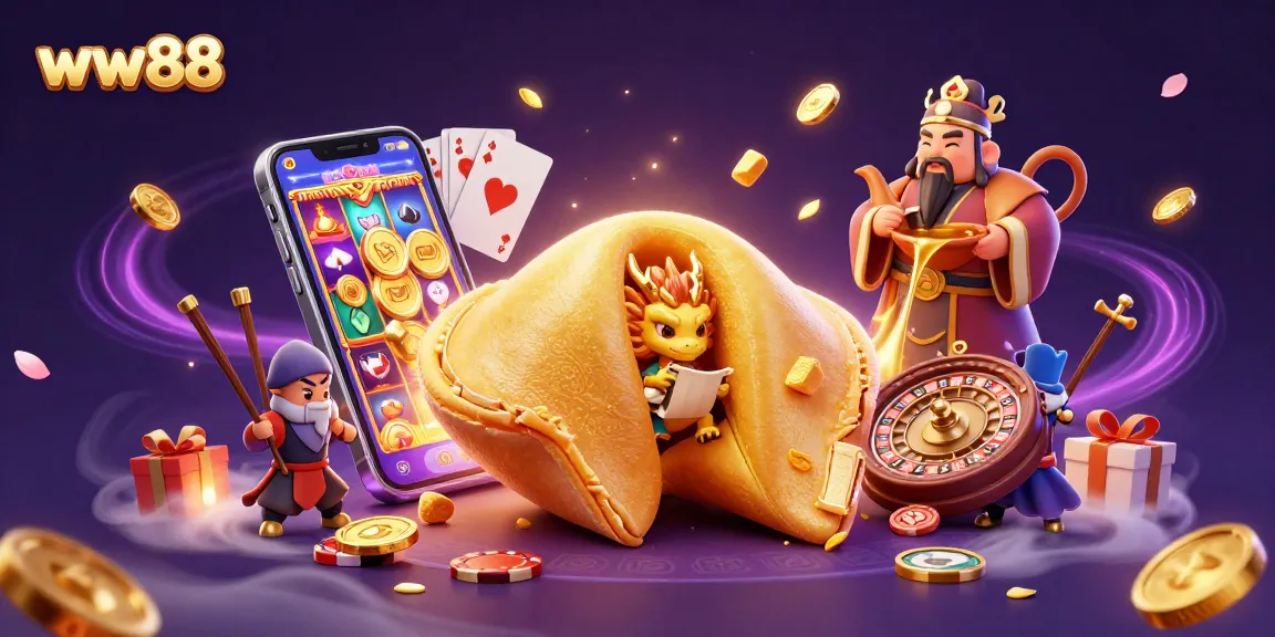 Experience thrilling gaming at ww88 with a vibrant 3D illustration of fortune cookies and exciting casino elements.