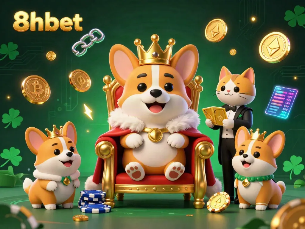Experience the excitement of 8xbet with a royal corgi and dynamic casino elements in a vibrant scene.