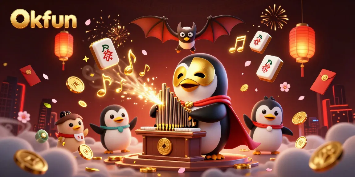 Experience the thrill of Okfun gaming with a phantom penguin and festive elements in a vibrant casino scene.