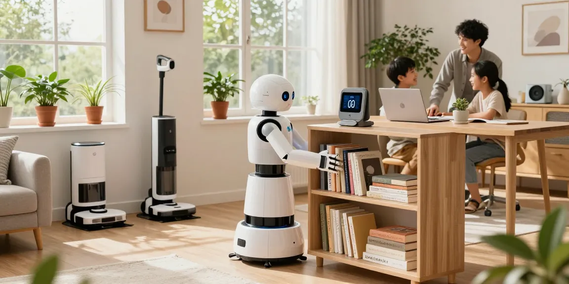Home robot organizing a living room with plants and smart devices in a modern home.