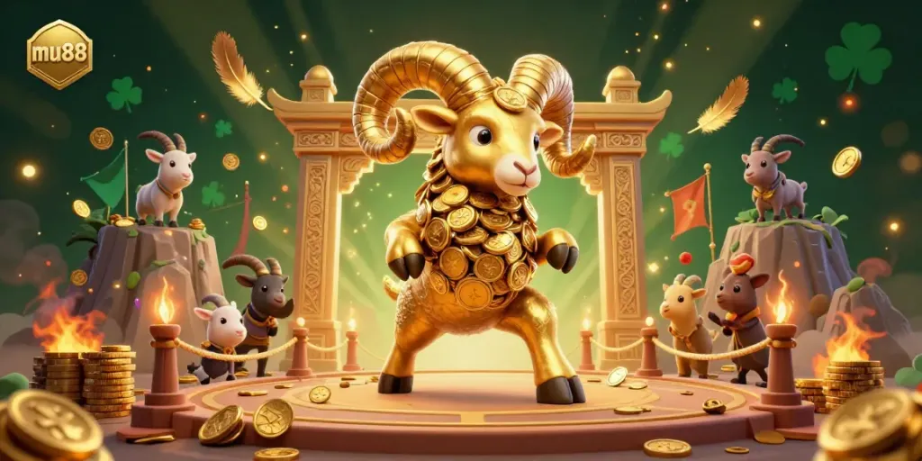 Experience thrilling gameplay with mu88, featuring vibrant 3D visuals of a charging gold ram amidst a dynamic casino scene.