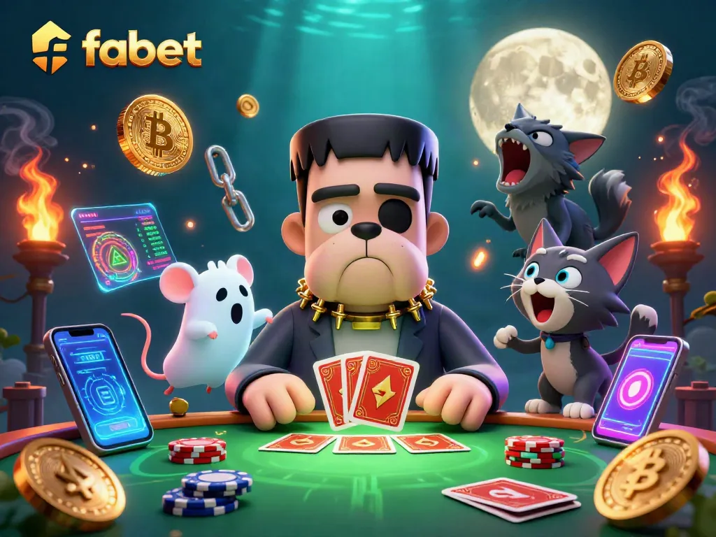 Engage with fabet's thrilling gaming experience as the Frankenstein bulldog deals winning cards amidst vibrant casino elements.