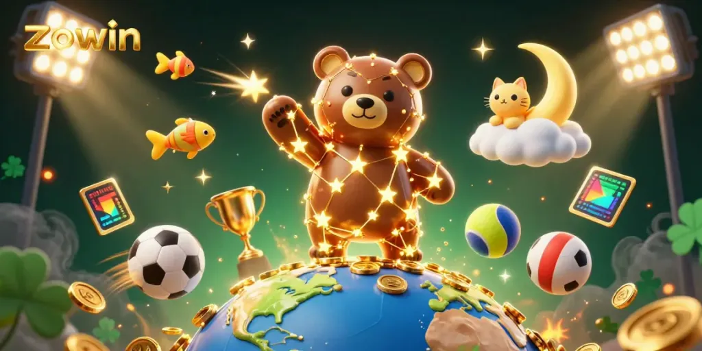 Engage in thrilling gameplay with Zowin's celestial casino world, showcasing vibrant 3D characters and sports elements.